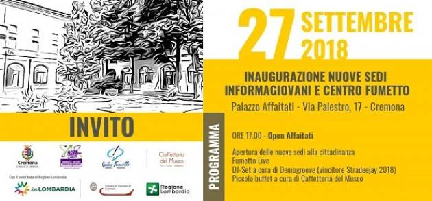 Cremona: giovedì 27/9 inaugurazione nuove sedi Informagiovani e Centro Fumetto