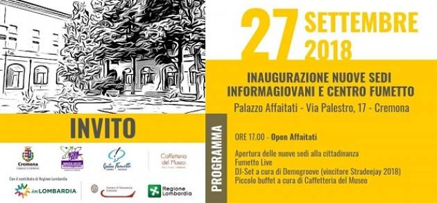 Cremona: giovedì 27/9 inaugurazione nuove sedi Informagiovani e Centro Fumetto