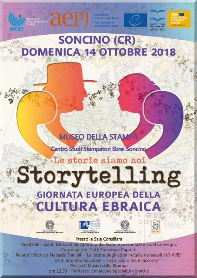 Soncino (CR) - Oggi Domenica 14 Ottobre 2018  Giornata Europea della Cultura Ebraica Le storie siamo noi - Storytelling