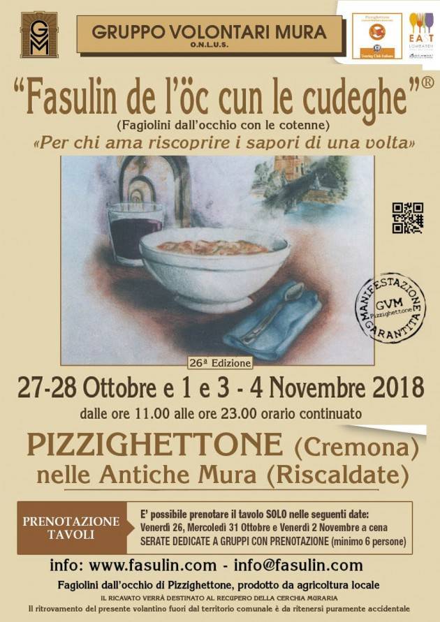 Pizzighettone 26^ Fasulin de l'òc cun le Cudeghe   27-28 Ottobre - 1-3-4 Novembre 2018