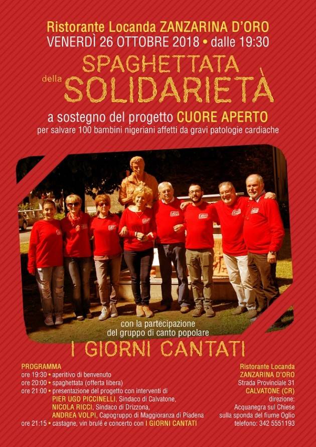Oggi a Calvatone SPAGHETTATA della SOLIDARIETA' a sostegno del Progetto CUORE APERTO