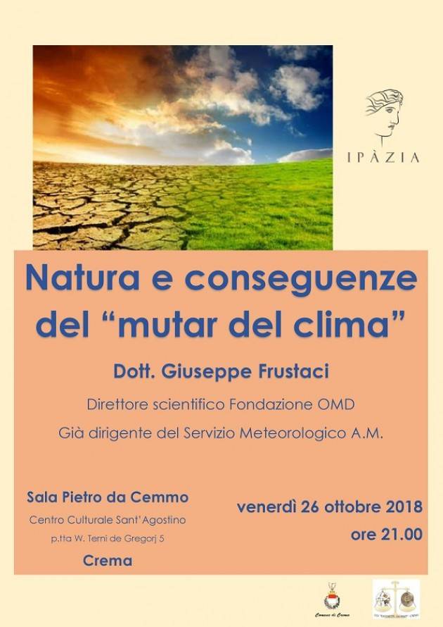 Crema  conferenza  NATURA E CONSEGUENZE DEL ‘MUTAR DEL CLIMA’ il 26 ottobre