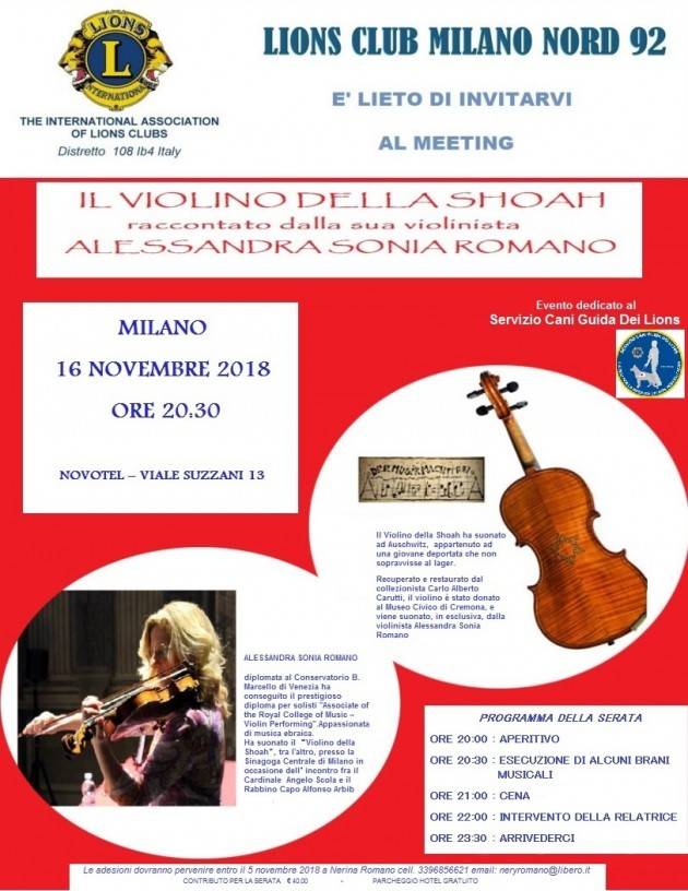 Milano incontro ‘Il violino della Shoah’ raccontato dalla sua violinista Alessandra Sonia Romano il 16 nov