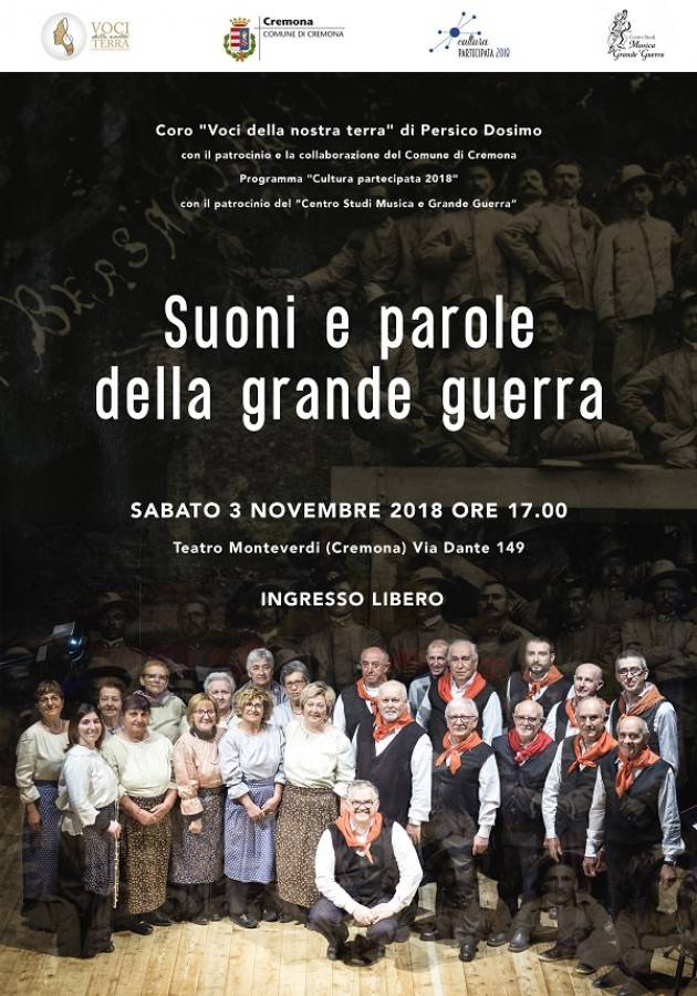 A Cremona SUONI E PAROLE DELLA GRANDE GUERRA  con il coro  ‘Voci della nostra terra’ il 3 novembre