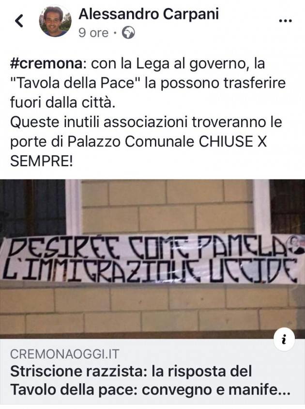 Cremona Alle minacce della Lega risponde Andrea Virgilio (PD)