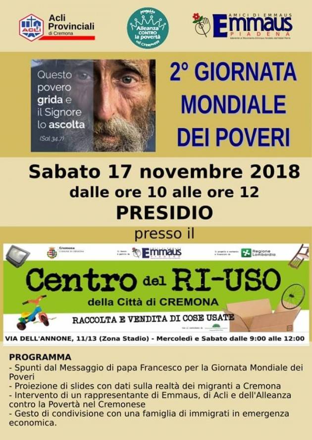 A Cremona 2° GIORNATA MONDIALE  DEI POVERI presidio sabato 17