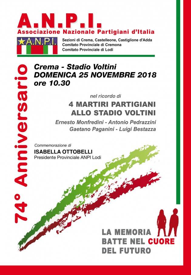 L’Anpi di Crema ricorda Domenica 25 nove i 4 martiri partigiani allo Stadio Voltini