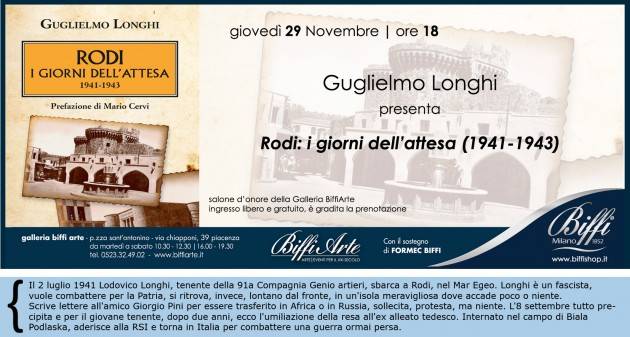 A Piacenza GULGLIELMO LONGHI GIOVEDI 29 nov. ALLE 18 DA BIFFI ARTE