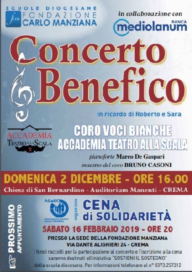Concerto voci bianche della Scala Domenica 2 dicembre 2018 alle ore 16.00 all’auditorium Manenti in Crema.