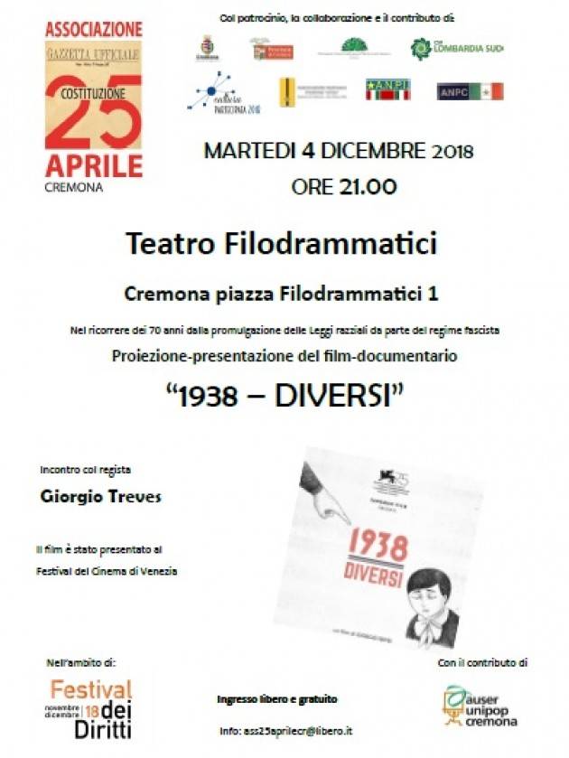 Al Filo di Cremona  il 4 dicembre la proiezione del film documentario 1938-Diversi con il registra Giorgio Treves.