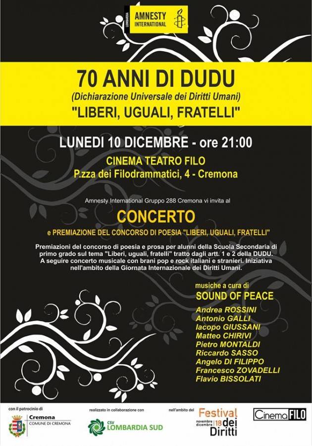 Amnesty Cremona Dichiarazione Universale Diritti Umani Evento  Liberi, Uguali, Fratelli  lunedì 10 dic al Filo