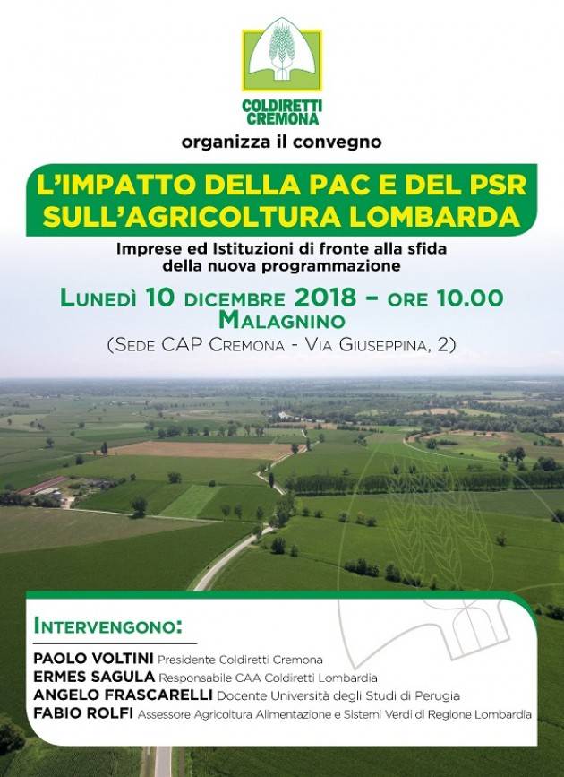 Incontro Pac e Psr Promosso da Coldiretti Cremona lunedì 10 dicembre (ore 10) a Malagnino