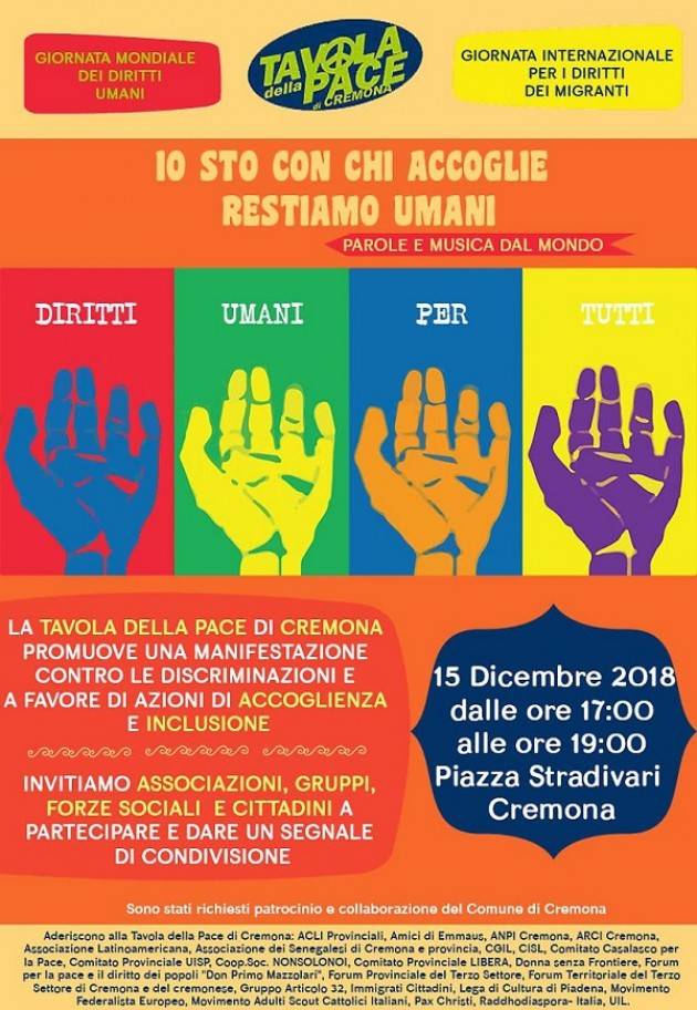 Iniziativa della Tavola della Pace a Cremona: 'Io sto con chi accoglie: restiamo umani'