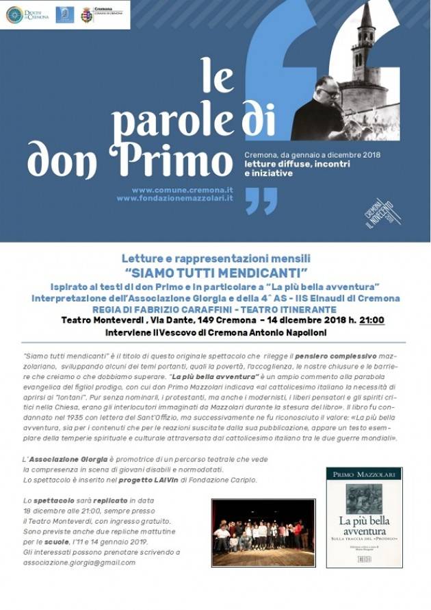 Cremona: il 14 dicembre ultimo appuntamento con 'Le parole di don Primo'
