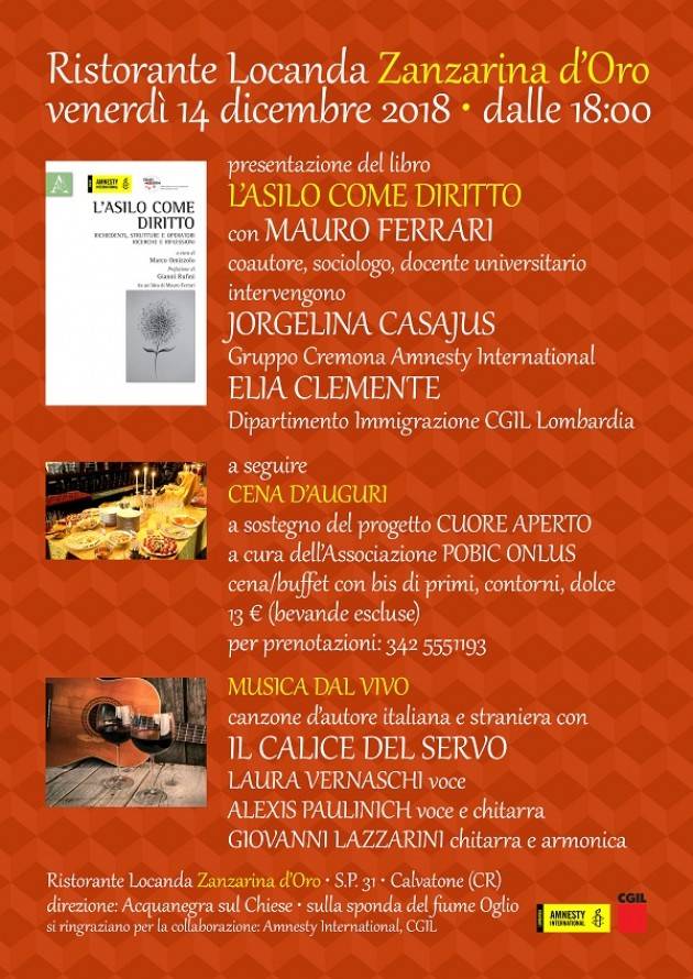 Incontro a Calvatone L’asilo come diritto L'Associazione POBIC Onlus aderisce alla manifestazione  del 15 a Cremona