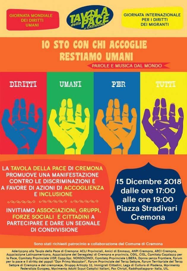 Cremona Adesioni alla manifestazione del 15 dicembre Diritti Umani indetta da Tavola della Pace