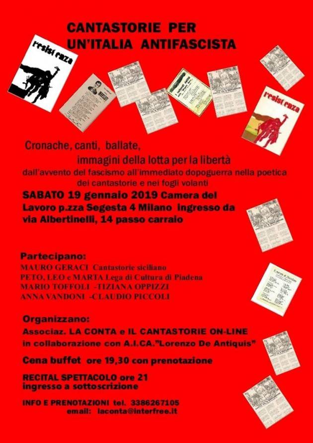 Milano  Ass.La Conta organizza la serata CANTASTORIE PER UN ITALIA ANTIFASCISTA per il 19 gennaio