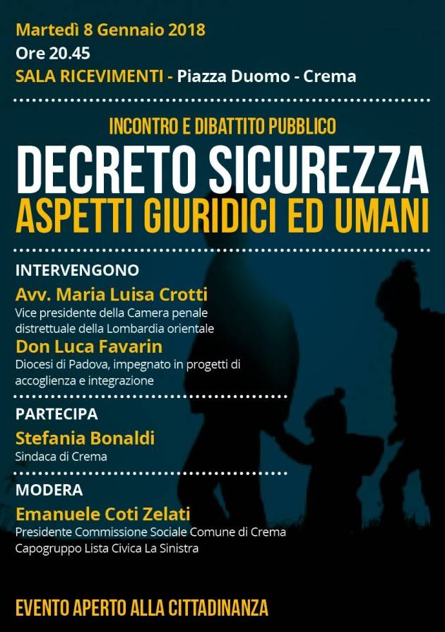 Crema  Incontro Dibattito sul Decreto Sicurezza Martedì 8  gennaio 2019