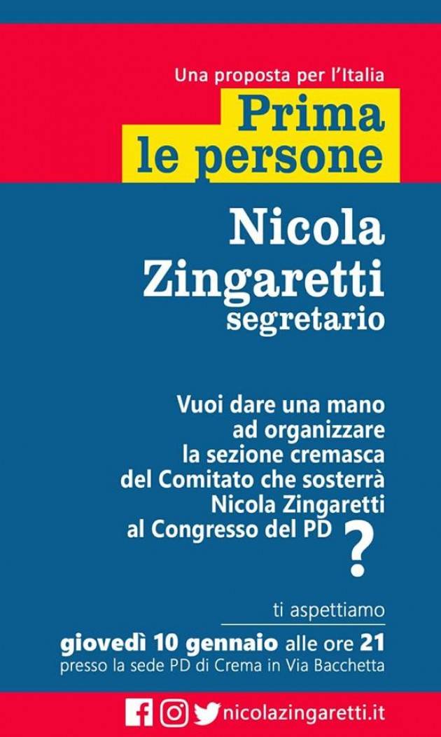 Jacopo Bassi (Pd Crema) .Partecipate  , giovedì 10 gennaio all’ incontro del comitato cremasco per Zingaretti segretario.