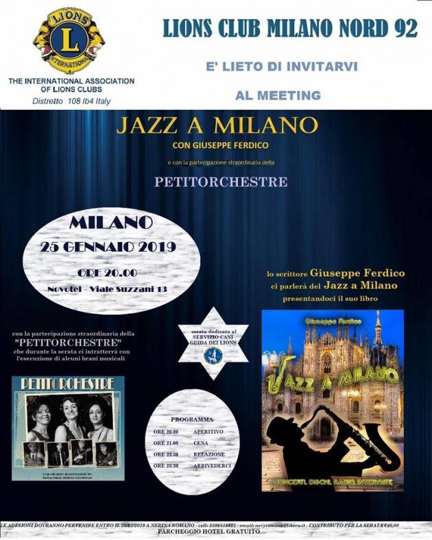 JAZZ   A MILANO  Il 25 GENNAIO con Lions Club Milano Nord 92