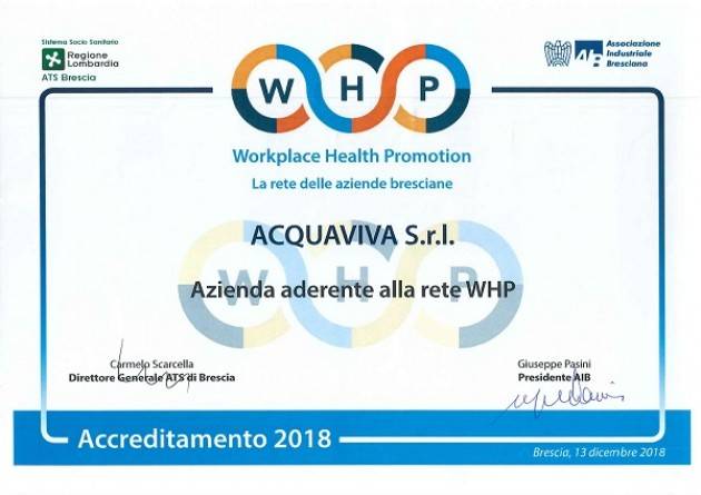 Travagliato (BS), Acquaviva aderisce al programma WHP Workplace Health Promotion