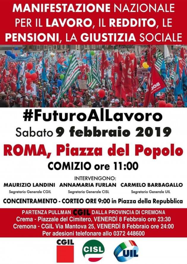 Anche Cgil-Cisl-Uil Cremona a Roma alla manifestazione del 9 febbraio #futuroallavoro