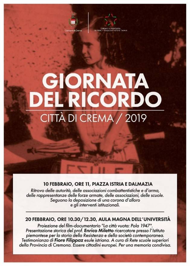 Crema  Domenica 10 febbraio celebrazione del Giorno del Ricordo 2019