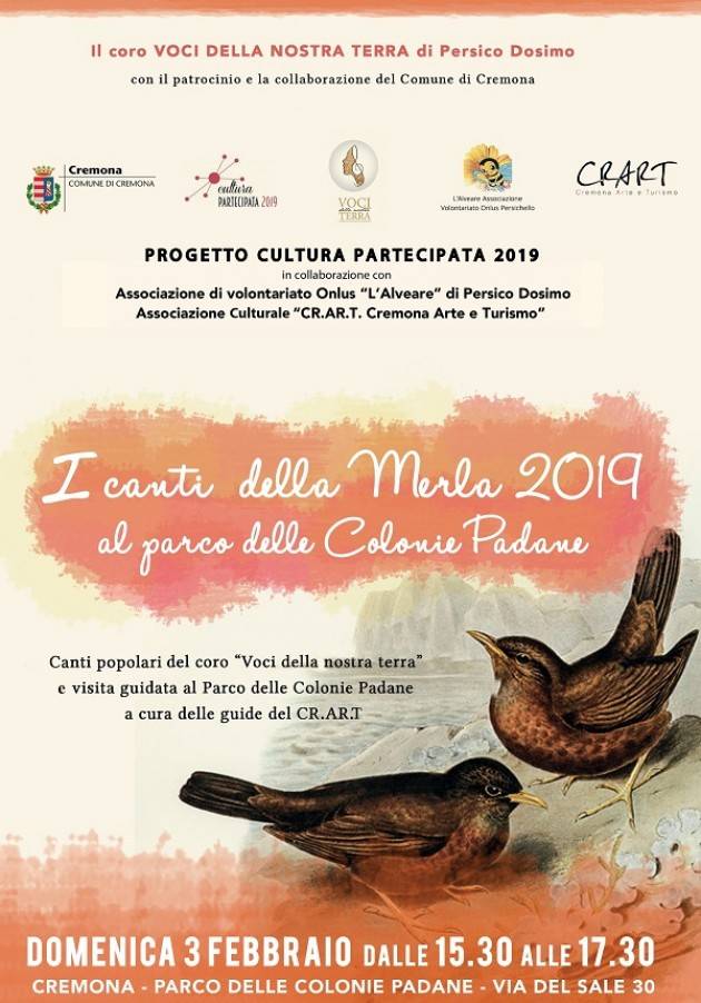 I canti della merla , con dolcetti e vin brulè, Domenica 3 febbraio ore 15.30 alle Colonie Padane Cremona