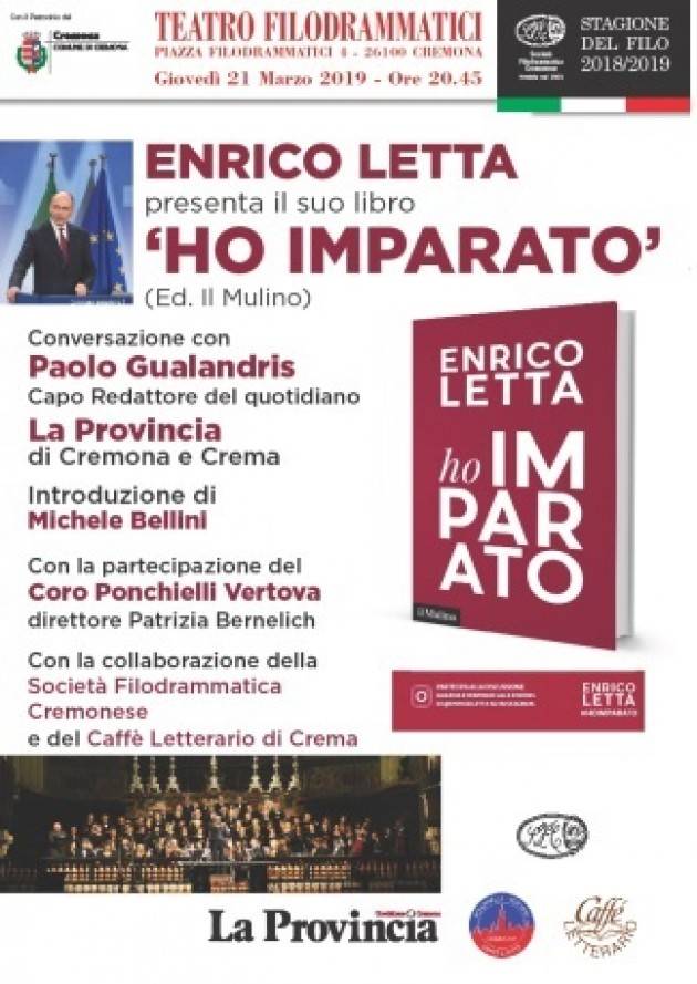 L’ECOLIBRI Enrico Letta presenta il suo libro ‘Ho imparato’ il 21 marzo al Filo