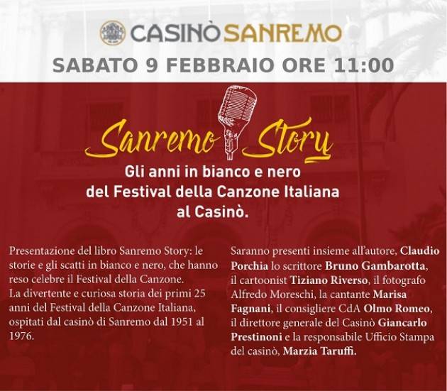 Sabato 9 febbraio al Casinò di Sanremo Claudio Porchia presenta il libro Sanremo Story  di Christian Flammia 