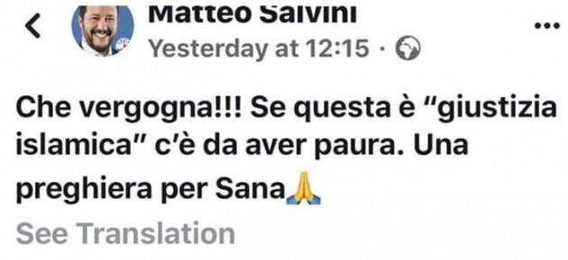 Caso Sana Cheema Salvini continua ancora la sua propaganda di odio contro gli immigrati e i musulmani [Aftab Ahmed ]