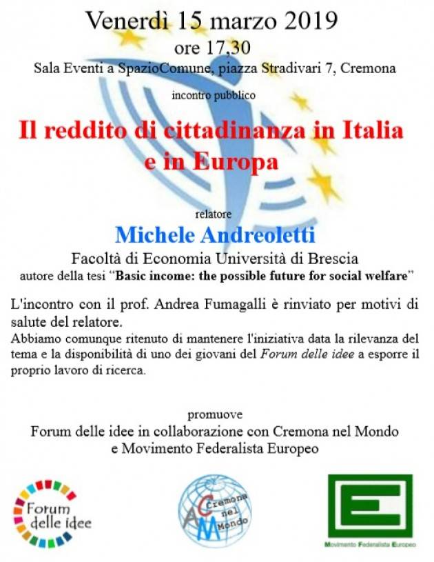 Il Forum delle Idee conferma incontro del 15 marzo ‘Reddito di cittadinanza in Italia e in Europa’