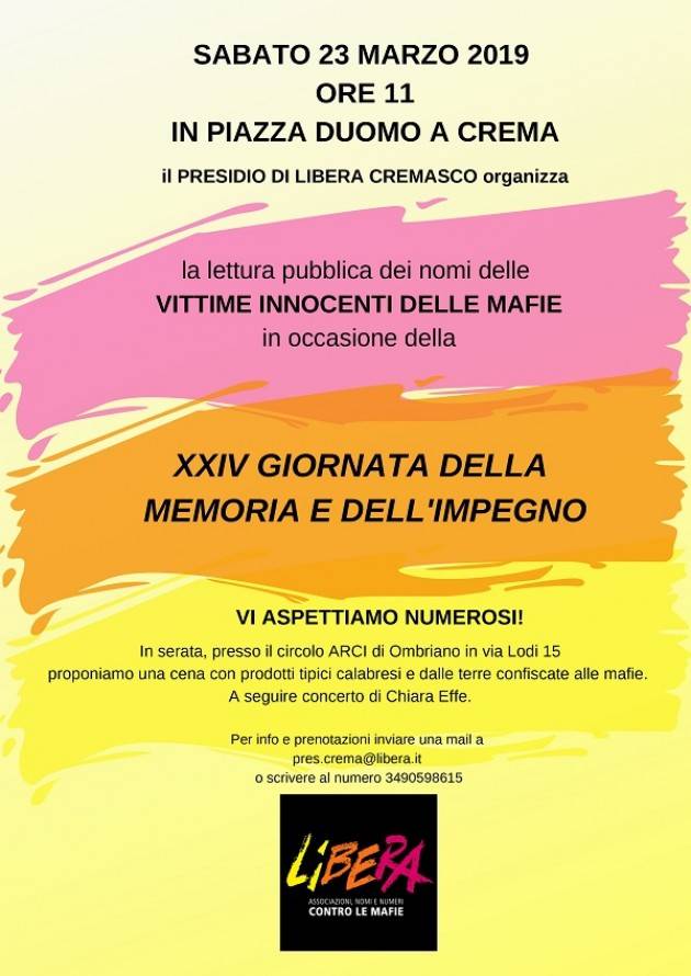 Lettura dei nomi delle vittime innocenti  il  23.03.2019 piazza Duomo Crema