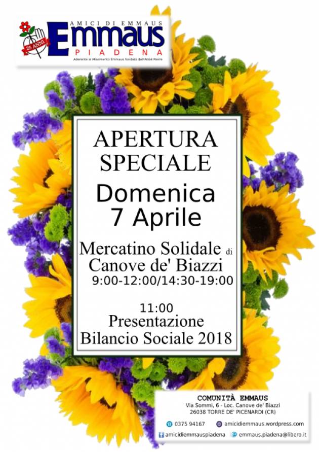 Emmaus di Canove de' Biazzi  Domenica 7 festeggia il 25°. Mercatino aperto