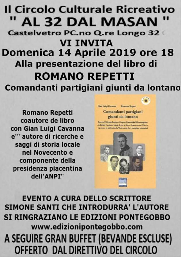 Presentazione a Castelvetro (Pc)  del libro ‘Comandanti partigiani giunti da lontano’Domenica 14