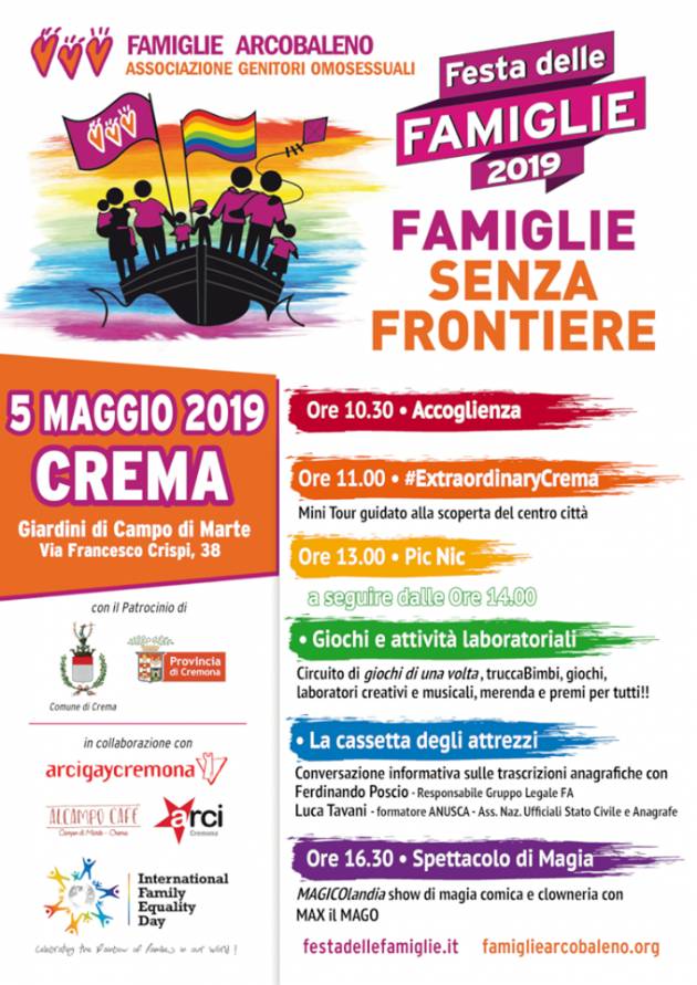 A Crema il 5 maggio  la Festa delle Famiglie Arcobaleno