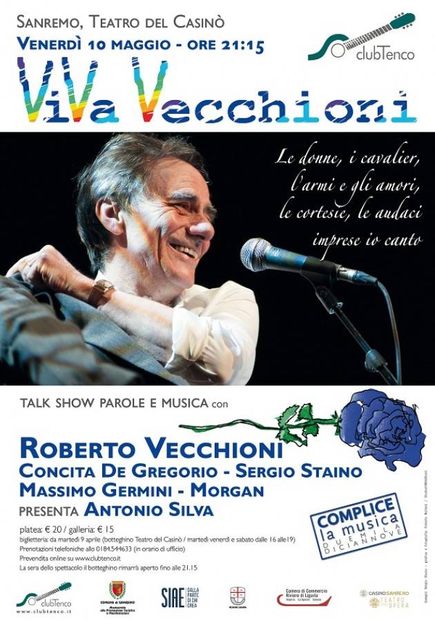 Sanremo ‘Viva Vecchioni’ venerdì 10 maggio Organizza Club Tenco