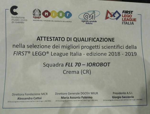 La squadra IoRobot di Crema è stata premiata martedì 21 maggio a Roma presso l’Agenzia Spaziale Italiana