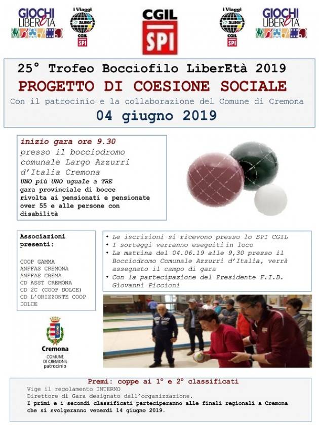 Spi-Cgil Cremona Progetto di Coesione Sociale. Anche quest'anno ci siamo. Il 4 giugno finali di bocce