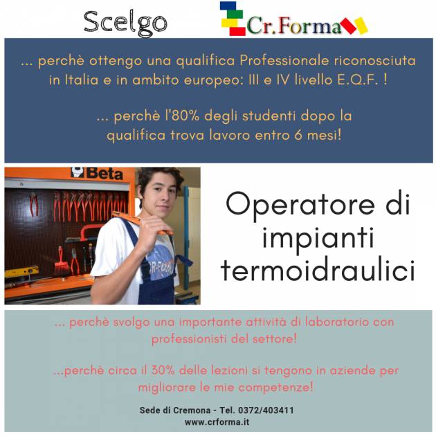 A CR.FORMA  ancora aperte le iscrizioni per OPERATORE DI IMPIANTI TERMOIDRAULICI
