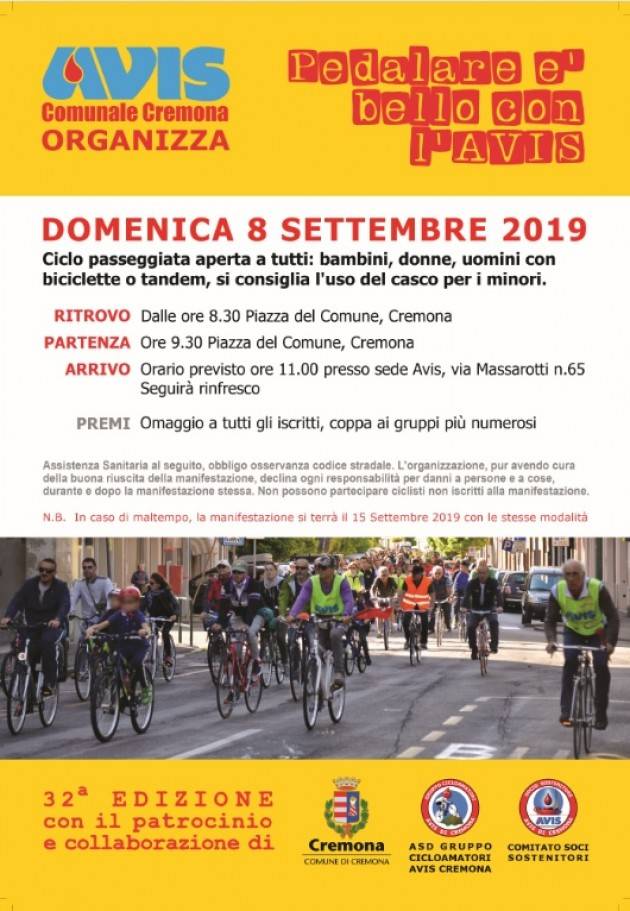 Pedalata con l'AVIS di Cremona spostata a domenica 15 settembre 