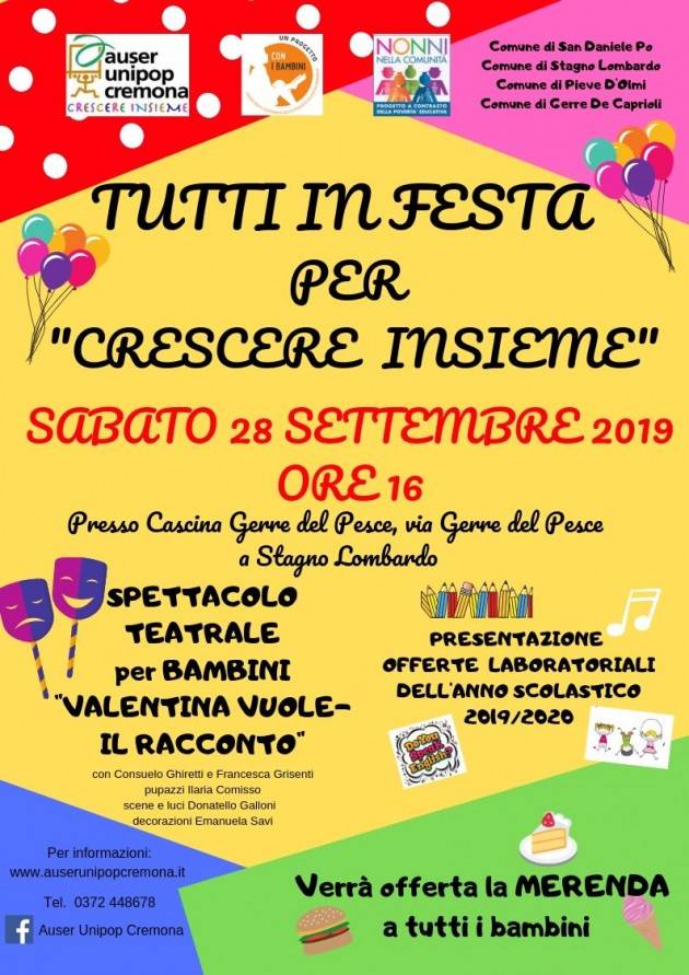 L'Auser Unipop Cremona  invita a Tutti in Festa per 'Crescere Insieme' Evento del 28 settembre