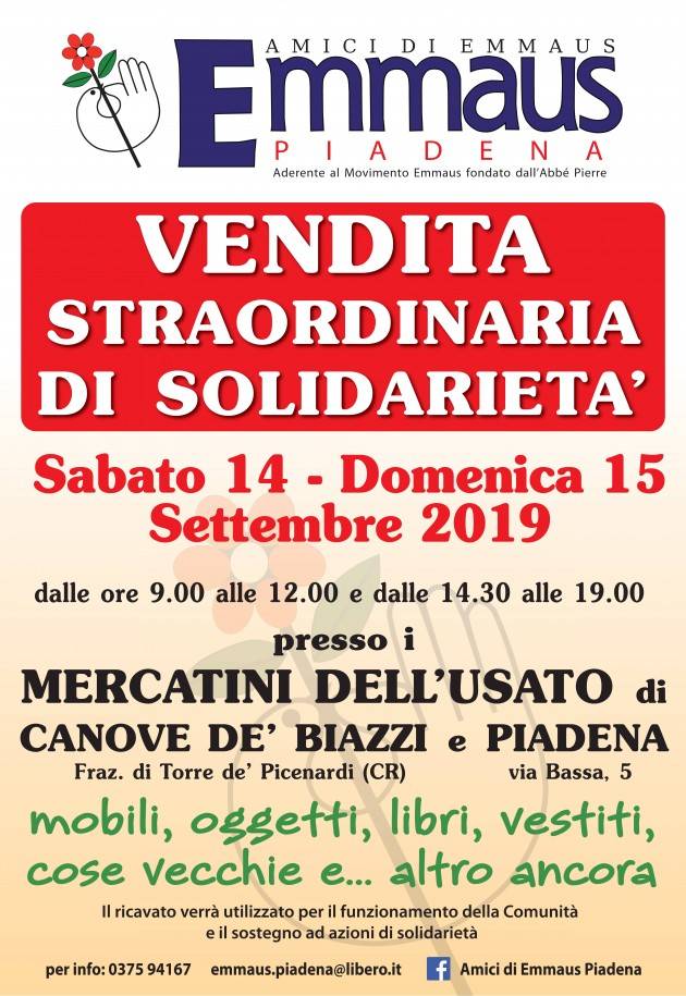 VENDITA STRAORDINARIA DI SOLIDARIETA’  PRESSO I MERCATINI EMMAUS DI PIADENA E CANOVE DE’ BIAZZI