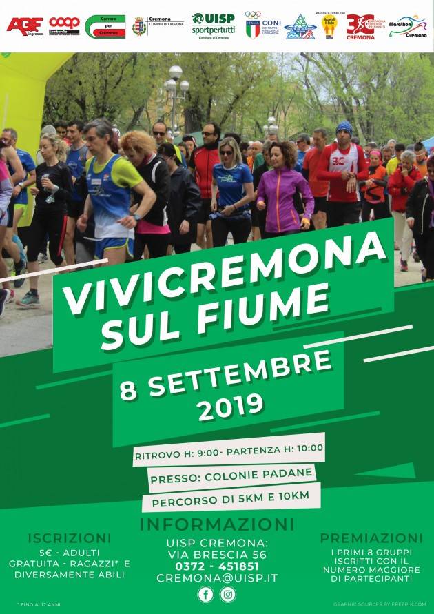 UISP Vivicittà sul fiume a Cremona, corsa ludico motoria di km.5 e km.10  Domenica 8 settembre  