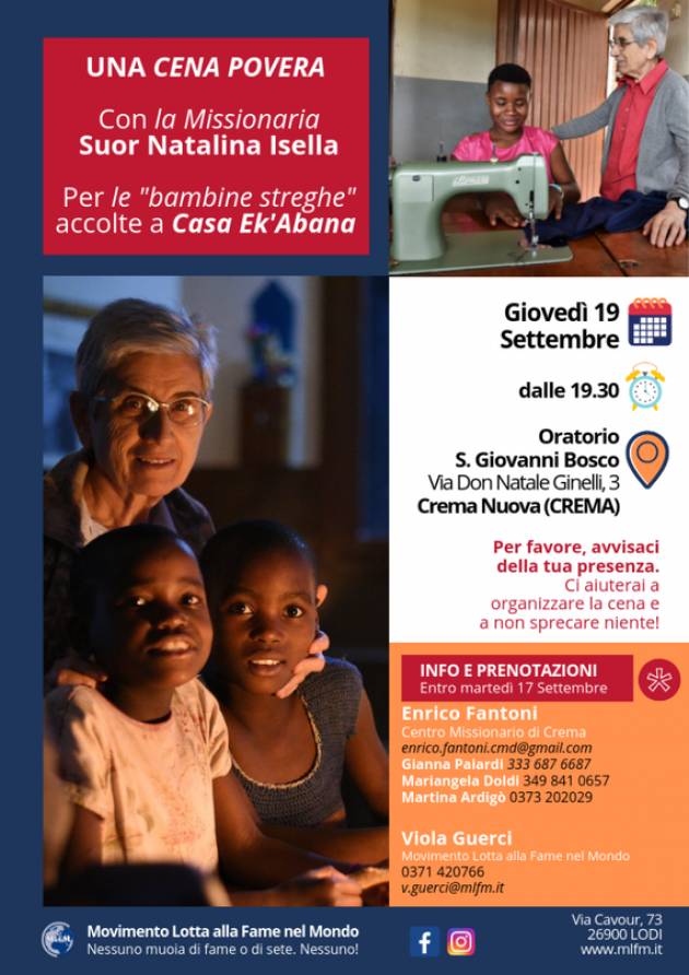 Una cena povera per le bambine di Ek'Abana  a Crema giovedì 19 settembre