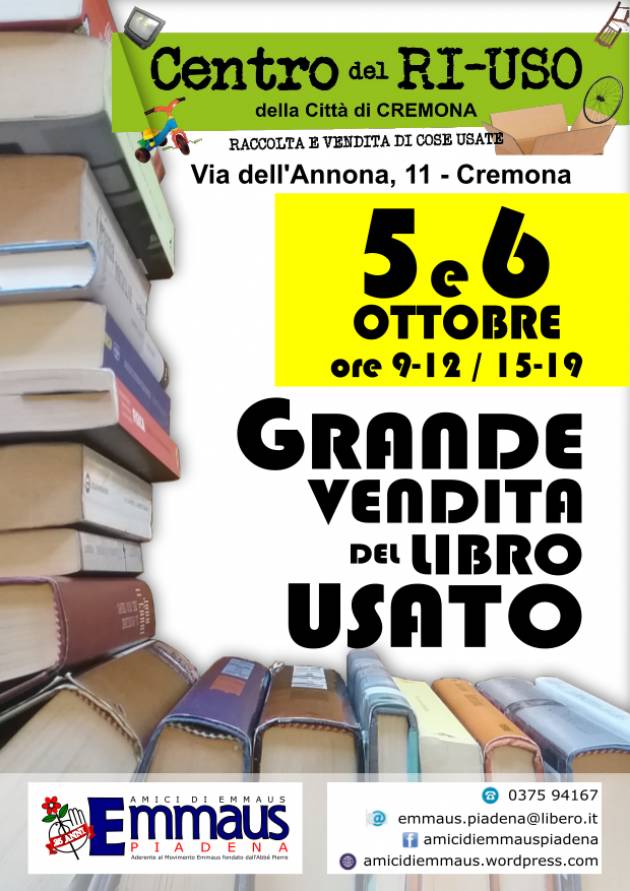 A Cremona con Emmaus GRANDE VENDITA DEL LIBRO USATO AL CENTRO DEL RI-USO il 5 e 6 ottobre