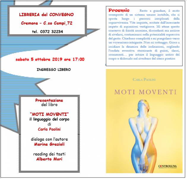 Cremona Moti Moventi della poetessa cremonese Carla Paolini il 5 ottobre alla Libreria del Convegno