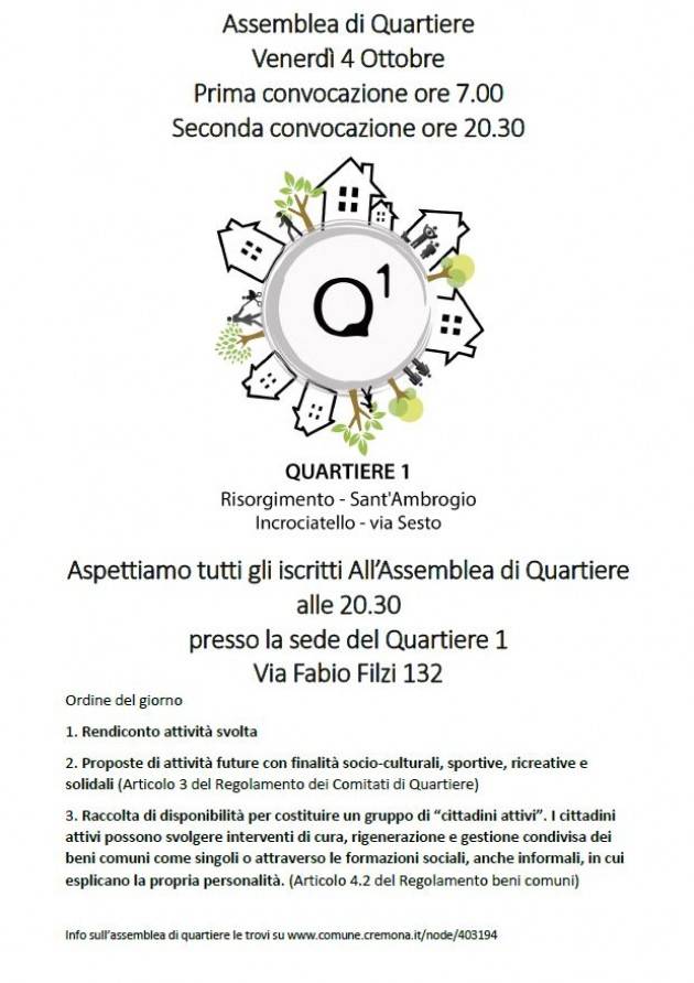 Assemblea aperta SOLO agli iscritti all'Assemblea di Quartiere 1 Cremona