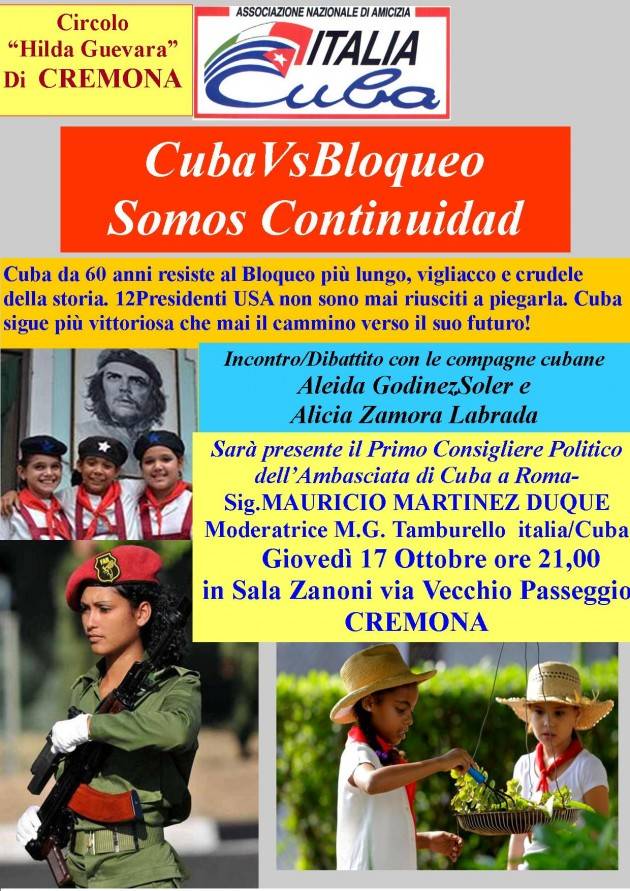 Ass.Italia– Cuba Circolo ‘Hilda Guevara’ di Cremona: Incontro il 17 ottobre su Cuba Vs Bloqueo  Somos Continuad