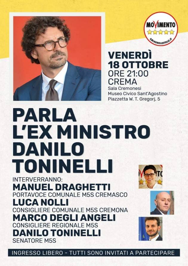 IL M5S di Crema organizza incontro con Danilo Toninelli il 18 ottobre